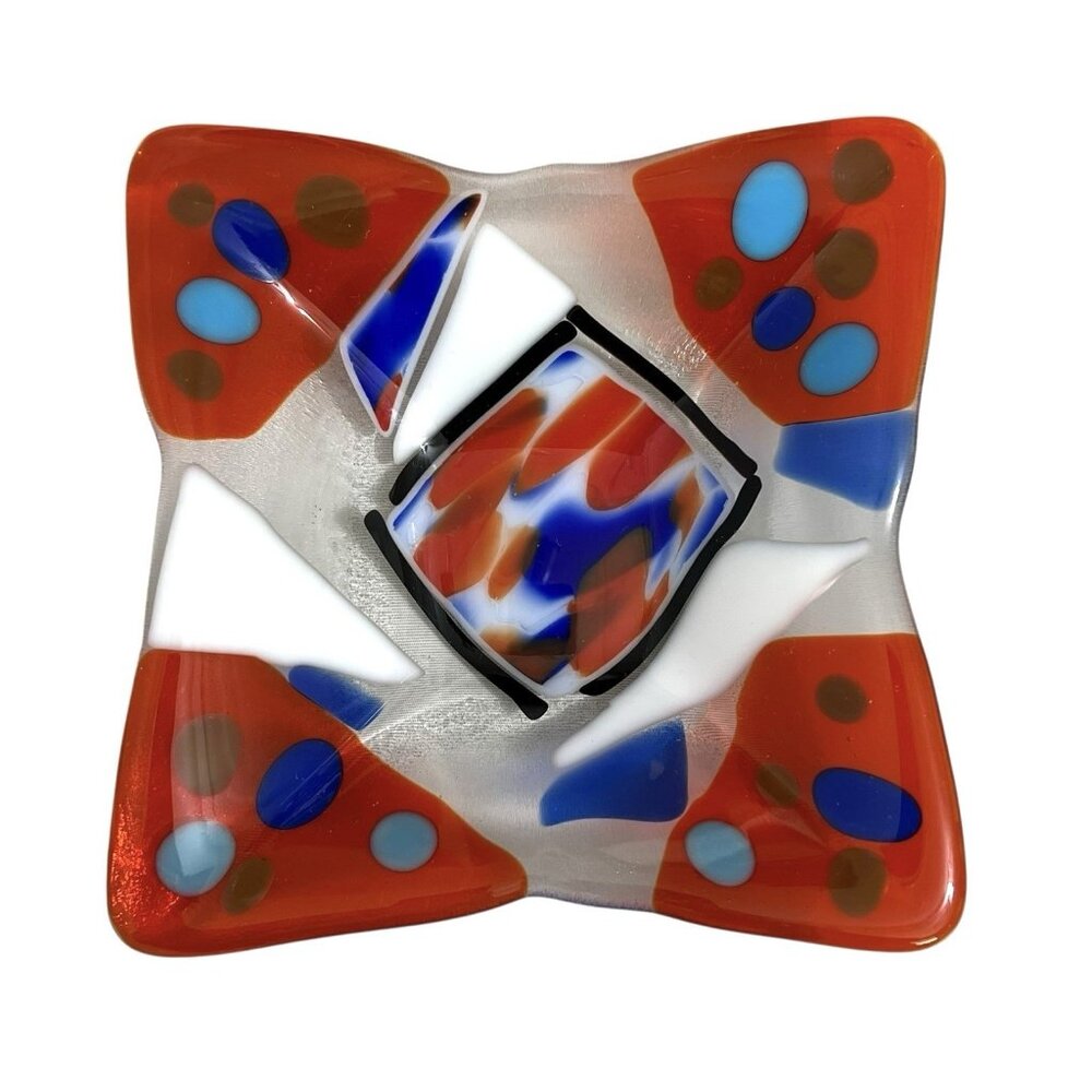 Handmade Fused Art Glass Dish – Red, Blue & White – 6” Modern Decorative Bowl